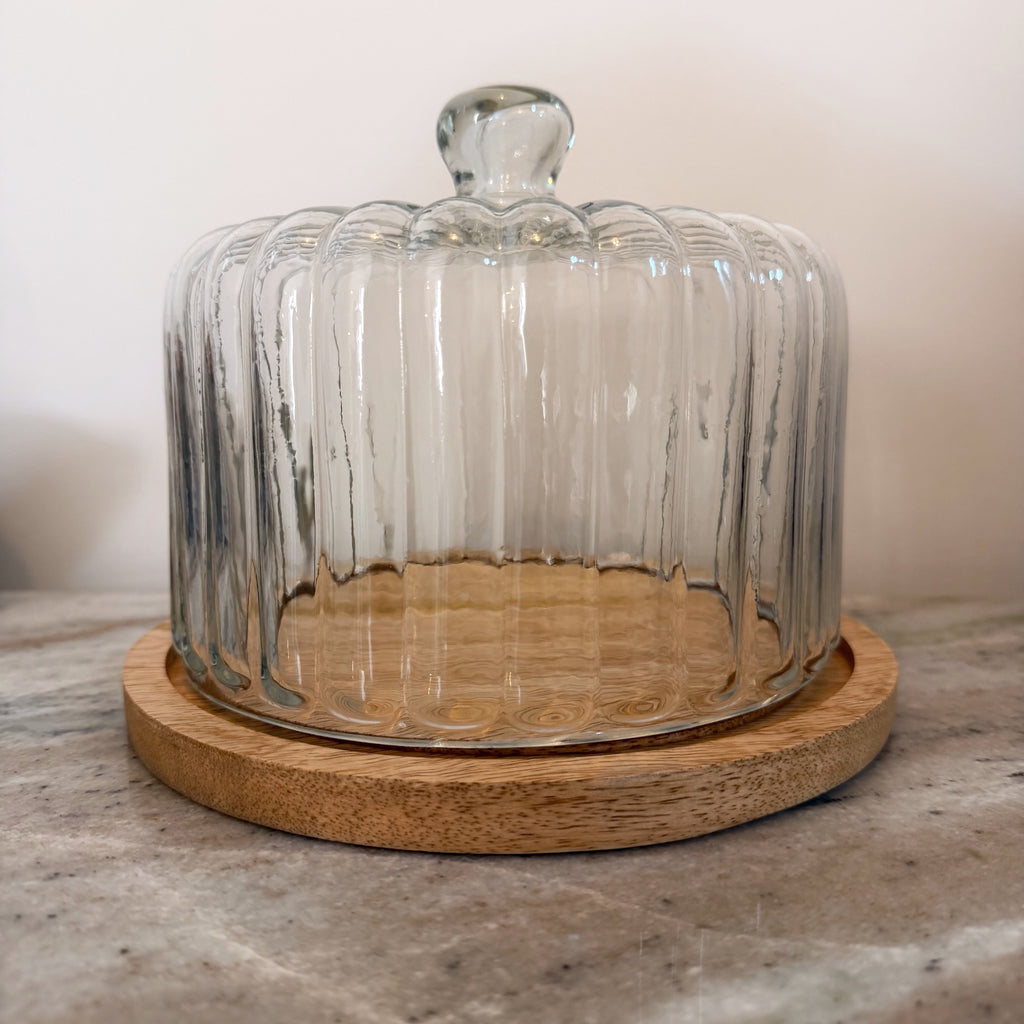 Smalled Ribbed Cloche With Wooden Base